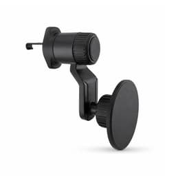 A black car phone holder with a suction mount and adjustable grip. It features a sleek design and a circular base.