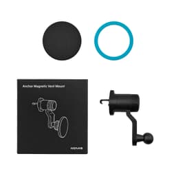 A black car phone holder with a magnetic vent mount, a circular pad, and a blue adhesive ring, packaged in a box.