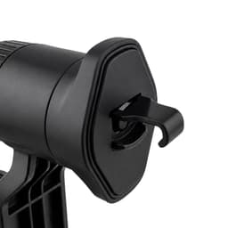 A black car phone holder with a hook mechanism for securing devices, featuring a sleek, modern design.