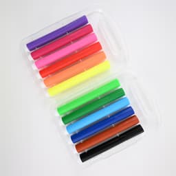 A set of felt tip pens in various vibrant colors, neatly organized in a transparent carrying case.