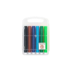 A set of felt tip pens in black, brown, blue, green, and teal, packaged in a clear plastic case with a logo.