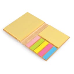 A set of bamboo sticky notes featuring yellow pads and colorful sticky flags in pink, green, blue, and orange.