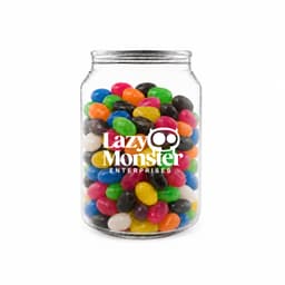 A clear jar filled with assorted jelly beans in various vibrant colours, featuring a logo on the front.