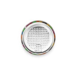 A clear can filled with assorted jelly beans in vibrant colours, featuring a textured silver lid.