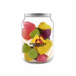 A clear can filled with vibrant mixed lollies, featuring colours like pink, purple, green, and yellow.