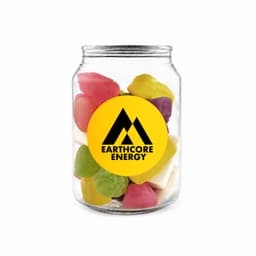 A clear jar containing a variety of jelly lollies in vibrant colours, including pink, green, yellow, and purple.