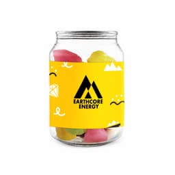 A clear can filled with vibrant jelly party mix, featuring pink, yellow, and green jelly shapes.