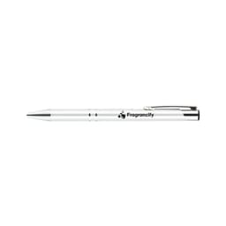 A metal pen in white with a chrome clip and a logo on the barrel.