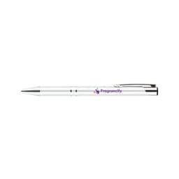 A metal pen in white with a shiny silver clip and a logo printed on the side.