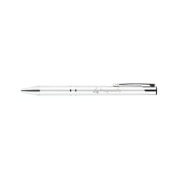 A metal pen in silver with a sleek design and a clip, featuring a logo on its surface.