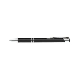 A sleek black metal pen with silver accents, featuring a convenient clip and minimalist design.