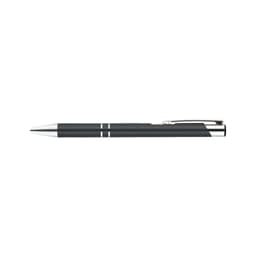 A metal pen in dark grey with silver accents and a clip, featuring a sleek, streamlined design.