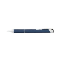 A metal pen in navy blue with silver accents and a clip, featuring a logo.
