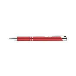 A red metal pen with silver accents and a sleek design, featuring a branding logo.