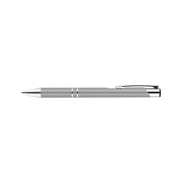 A metal pen in silver with a sleek design and a small branding logo.