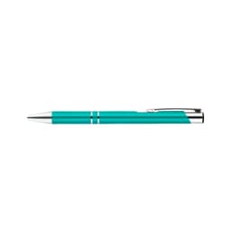 A metal pen in a vibrant turquoise colour with silver accents and a clip, featuring a logo.