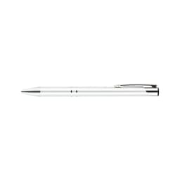 A metal pen in white with silver accents, featuring a clip and a sleek design. It has a logo present on the body.