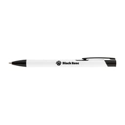 A black and white metal pen with a logo on the side. The pen features a smooth design for writing.