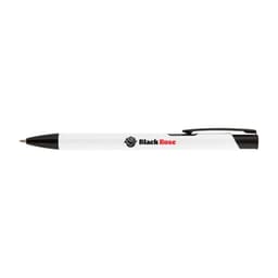 A black and white metal pen featuring a clip and a logo. It is designed for writing purposes.