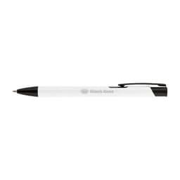 A black and white metal pen featuring a clip and a branding logo.