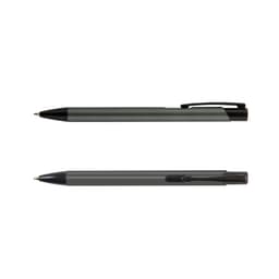 A metal pen in black and dark grey, featuring a clip and sleek design, with branding visible.