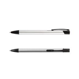 A metal pen in black and silver, featuring a sleek design and a clip for attachment. It has a logo.