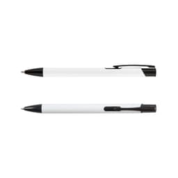 A black and white metal pen with a sleek design and a clip, featuring a discreet logo.