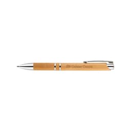 A bamboo pen with a silver clip and accents, featuring a logo on its barrel.