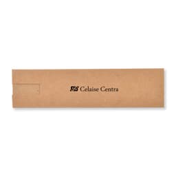 A rectangular brown cardboard packaging with a logo, featuring a window cut-out.