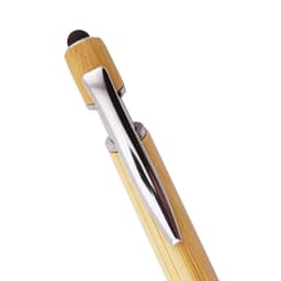 A bamboo pen with a chrome clip and tip, showcasing a natural wood finish. It has a sleek design and a logo.