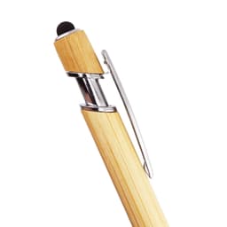 A bamboo pen with a chrome clip and a black tip, showcasing a natural wood finish. It features a logo.