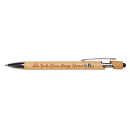 A bamboo pen with a black tip and clip, featuring a logo and engraved text in red.