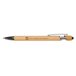 A bamboo pen with a chrome clip and a black ink cartridge. The pen features a logo on the barrel.