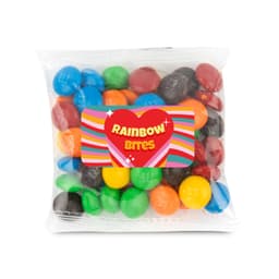 A 50-gram cello bag filled with colorful M&M's candies, labeled as "Rainbow Bites."