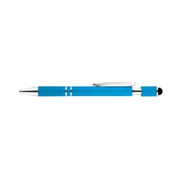 A blue spinner pen with a silver trim and a stylus tip. The pen features a sleek design and a branded logo.