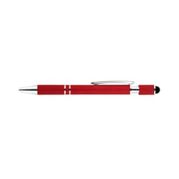 A red spinner pen with silver accents and a textured grip, featuring a clip and a logo.