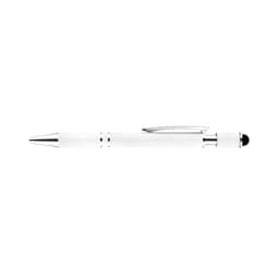 A white spinner pen with silver accents and a textured grip, featuring a logo.