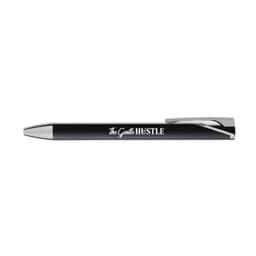 A black gel ink pen with a silver clip and a logo on the barrel.