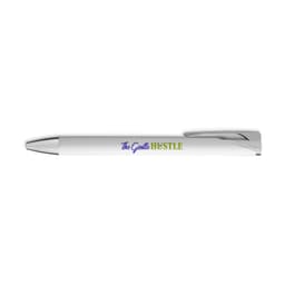 A gel ink pen in white with a silver clip and a branding logo printed on the barrel.