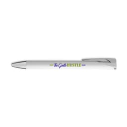 A white gel ink pen with a silver nib and a logo printed on the barrel.
