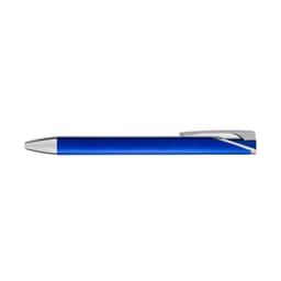 A blue gel ink pen with a silver clip and tip, featuring a sleek design and a branding logo.
