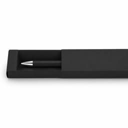 A black gel ink pen displayed in a sleek black box with a simple design. The pen features a metallic silver accent.