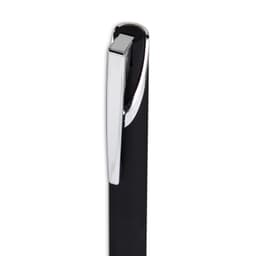 A black gel ink pen with a sleek chrome clip, featuring a simple design and branding logo.