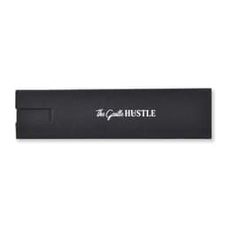 A black product box with a white logo. The design is sleek and minimalist, suitable for packaging.
