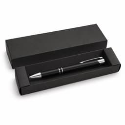 A black gel ink pen is displayed inside a black box, featuring a sleek design and silver accents.