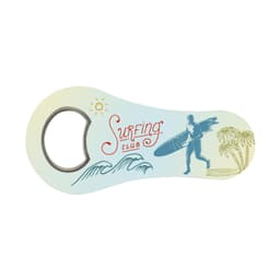 A drink bottle opener featuring a colorful design with "Surfing Club" text, an illustration of a surfer, and palm trees.