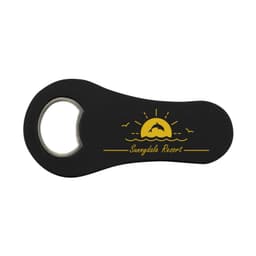 A drink bottle opener with a black rubber grip featuring a yellow graphic of a sunset and the text "Sunnydale Resort."