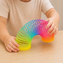 A rainbow-coloured spring toy with vibrant hues, being held by a child’s hands on a wooden surface.