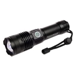 A black rechargeable torch featuring a round head, a side button, and a wrist strap for convenience.