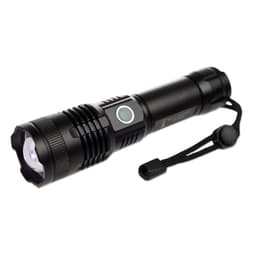 A sleek black rechargeable torch with a bright LED light and a wrist strap.